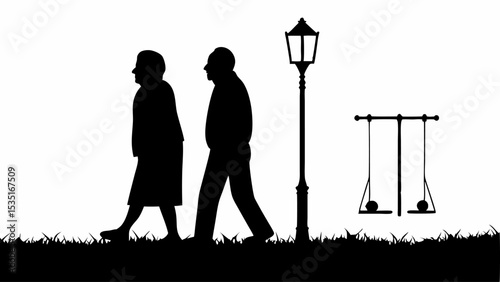 Silhouette of an elderly couple walking past a lamppost and a swing set in a park at nighttime | eps vectors