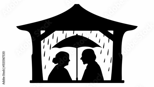 Silhouette of an elderly couple under an umbrella in a gazebo during a rain shower in black and white | eps vectors