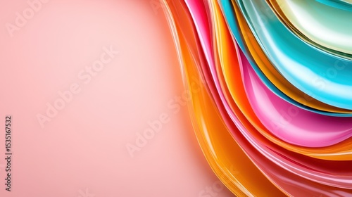 An artistic arrangement of colorful curved plates creates a dynamic visual on a soft pastel background, blending texture and color for a vibrant, engaging image suitable for various uses.