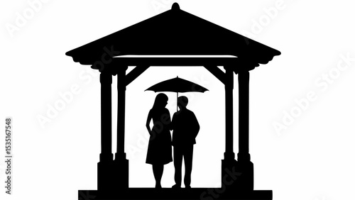Silhouette of couple under umbrella in gazebo structure with roof and pillars in black and white design | eps vectors