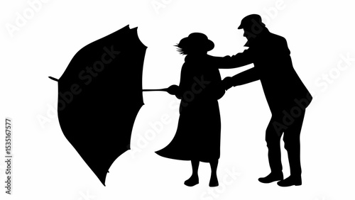 Silhouette of a man helping a woman hold an umbrella in the wind against a white background image | eps vectors