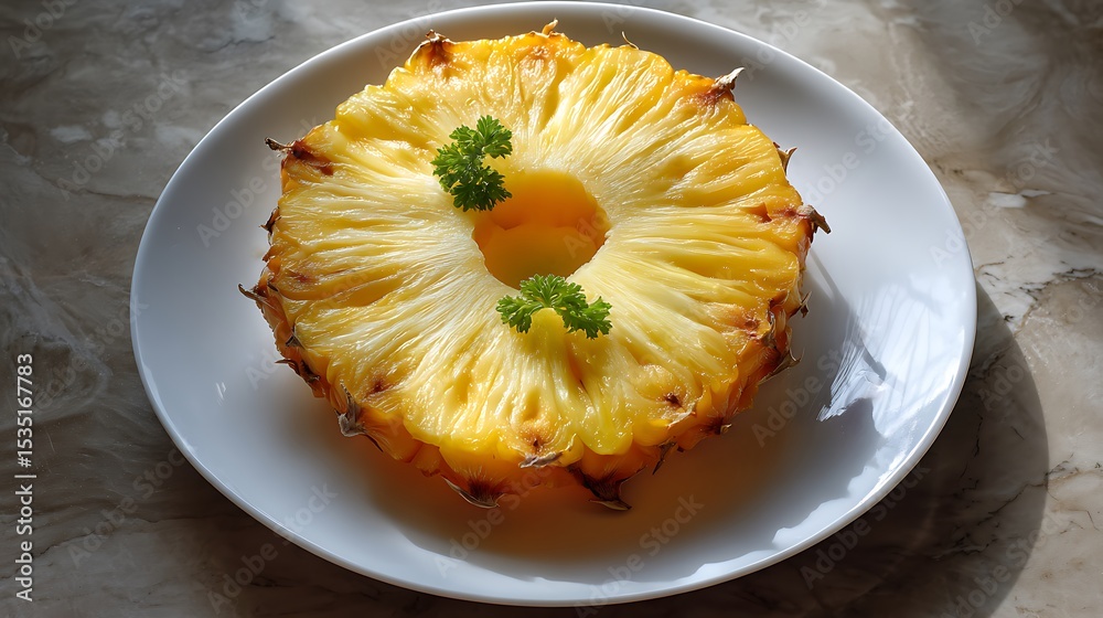 Sliced Pineapple with Garnish on a White Plate Sliced Pineapple with Garnish on a White Plate