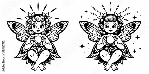 Two black and white fairy illustrations holding orbs with wings and floral headpieces in a simple style | eps vectors silhouette