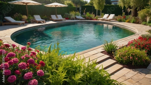 Luxurious oval pool surrounded by landscaping and patio furniture
