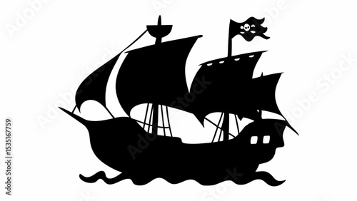 Silhouette of a pirate ship sailing with a skull and crossbones flag on top of the mast at sea | eps vectors