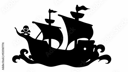 Silhouette of a pirate ship sailing on the ocean with a skull and crossbones on the bow of the ship | eps vectors