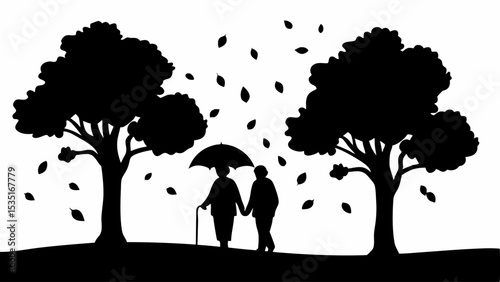Silhouette of elderly couple walking under umbrella between trees in autumn with falling leaves | eps vectors