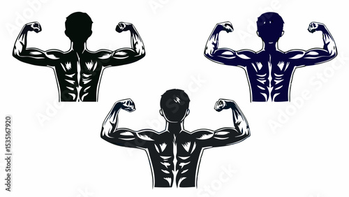 Three muscular figures with backs turned showing arm muscles and spinal structure design concept | eps vectors silhouette