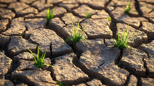 Small blades of grass growing in cracked earth.
