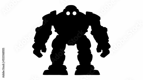 Silhouette of a large robot figure with glowing eyes and heavy armor plating standing upright pose on white | eps vectors