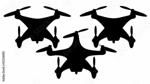 Silhouette illustration featuring three drones arranged in a triangular pattern on white background | eps vectors