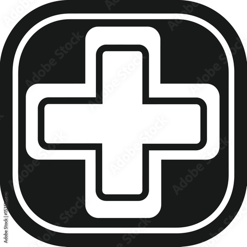 A black and white icon featuring a white plus sign centered within a rounded square with black background silhouette