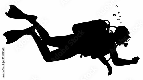 Silhouette of a scuba diver swimming underwater with bubbles rising to the surface in black and white | eps vectors