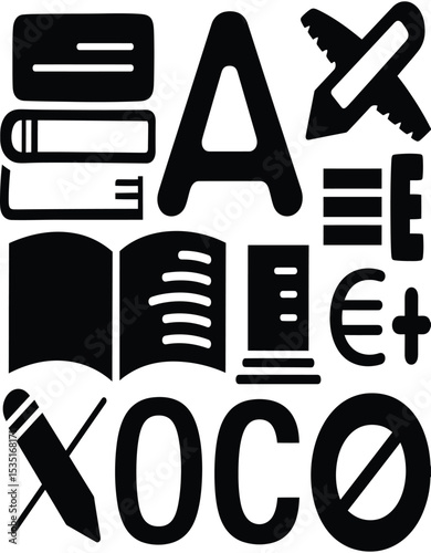 Black and white silhouette of assorted school supplies and symbols arranged in a graphic composition