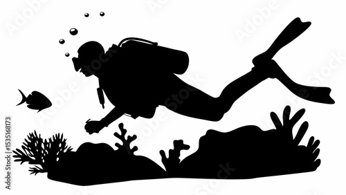 Silhouette of a scuba diver exploring underwater with fish and coral reef in monochrome black and white style | eps vectors