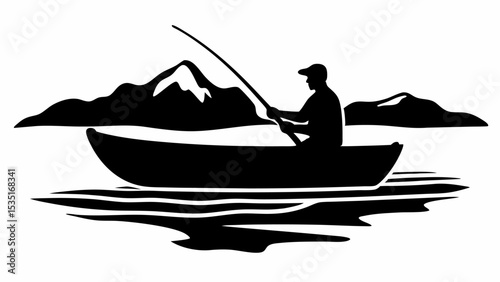 Silhouette of a fisherman in a boat on the water with mountains in the background under a white sky view | eps vectors