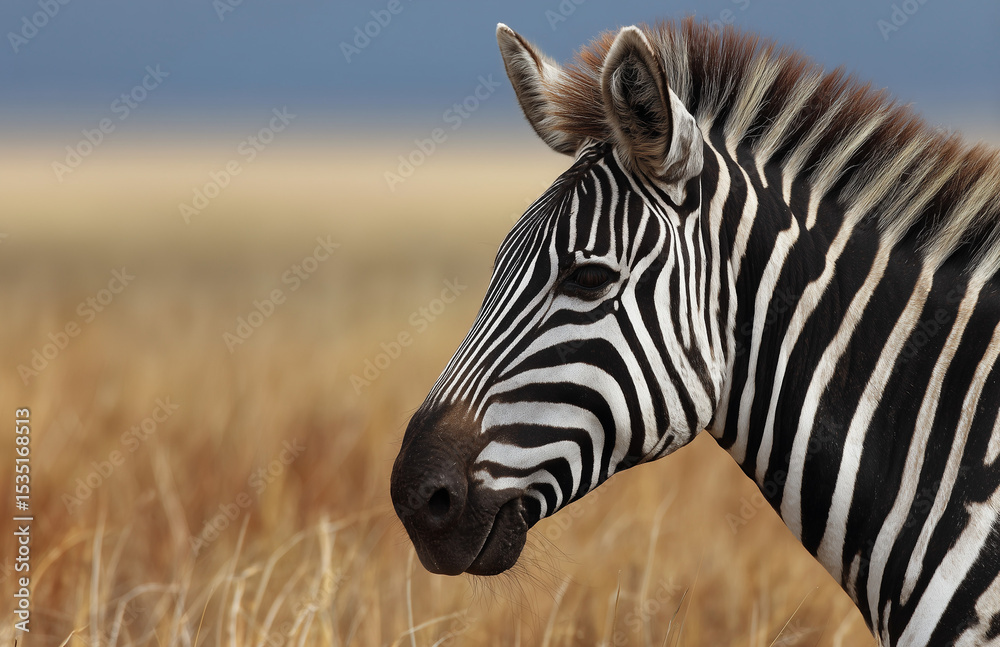 Naklejka premium Majestic Zebra in Savanna Grassland - Wildlife Portrait, Perfect for Nature and Animal Photography Prints