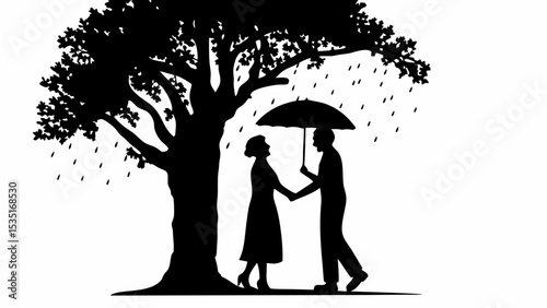 Silhouette of a couple holding hands under an umbrella in the rain near a large tree in black and white | eps vectors