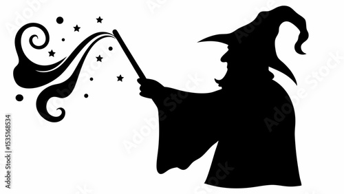 Silhouette of a wizard casting a spell with a wand and stars on a white background in black and white | eps vectors