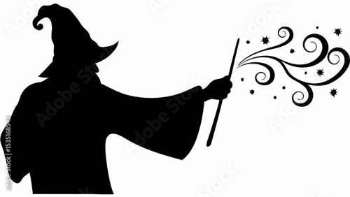 Silhouette of a wizard with a pointed hat casting a spell with a wand and swirls and stars around it | eps vectors