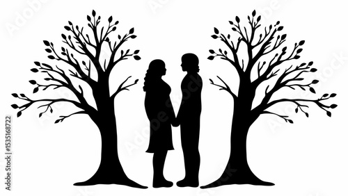 Silhouette of a couple holding hands between two trees in a black and white illustration style | eps vectors