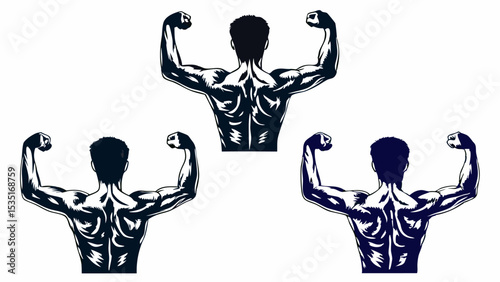 Three muscular men flexing their biceps and back muscles in different shades of black and blue color | eps vectors silhouette