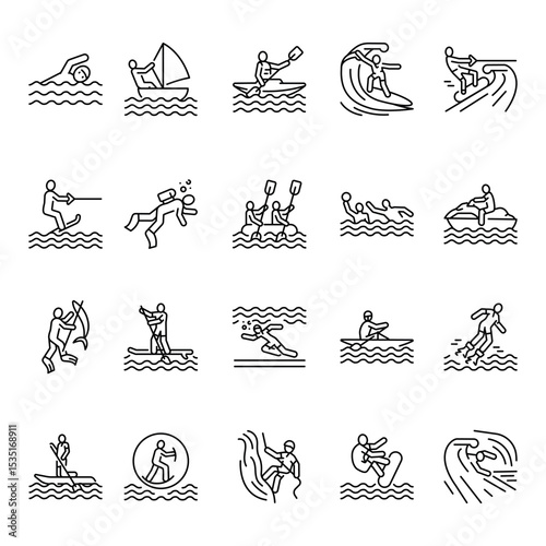 Water sport black line icons set for digital and print projects.