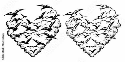 Two hearts made of flying birds and clouds in black and white artistic illustration style design | eps vectors silhouette