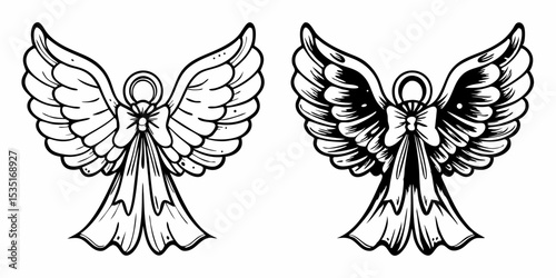 Two angels with wings and bows in black and white line art style vector illustration design | eps vectors silhouette
