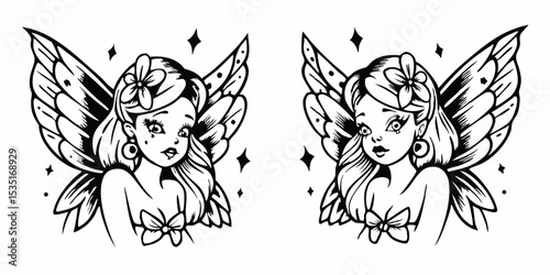 Two black and white line art drawings of fairies with wings and flowers in their hair and stars around them | eps vectors silhouette
