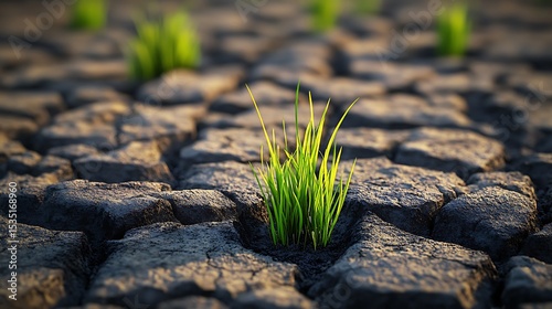 Tiny sprouts emerge from cracked earth.
