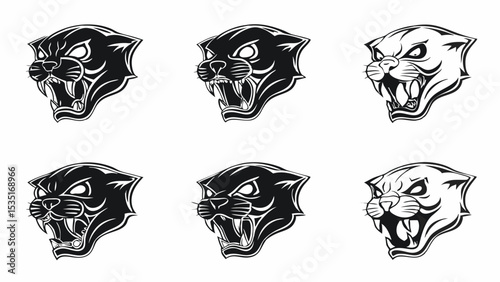 Six stylized panther heads in black and white showing aggression and ferocity in a graphic design | eps vectors silhouette