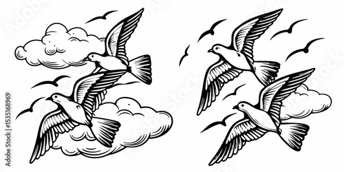Illustration of doves flying among clouds and smaller birds in a monochrome line art style design | eps vectors silhouette