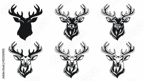 Illustration showing six deer heads with antlers in different styles on a white background design vector art | eps vectors silhouette