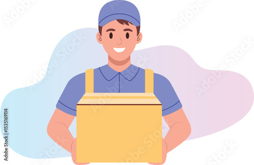 Faceless smiling delivery man holding a box with both hands. Flat vector character illustration, perfect for logistic, shipping, and courier themes.