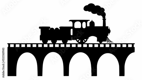 Silhouette of a steam train with smoke on a bridge with arches and a white background image here | eps vectors