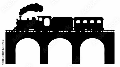 Silhouette of a steam train on a bridge with three arches in black and white landscape view image | eps vectors