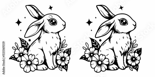 Two outlined bunnies sitting among flowers and stars in a black and white illustration design style | eps vectors silhouette