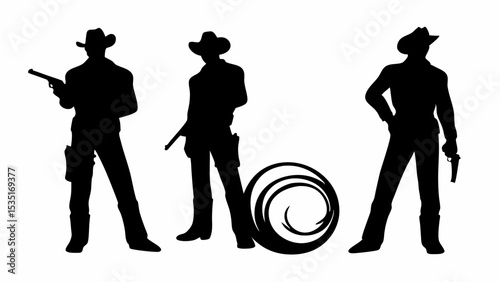 Silhouetted cowboys with guns and lasso in a western style scene with a white background design art | eps vectors