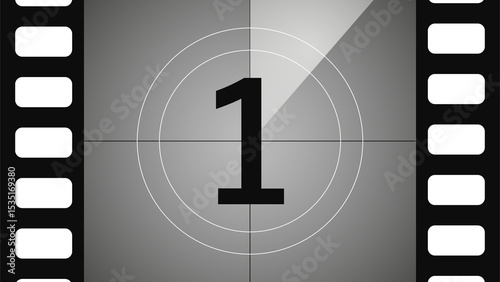 Grayscale vintage film countdown number 1 with classic circular design and filmstrip border. Retro cinematic intro screen element.