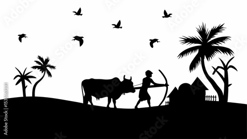 Silhouette of a farmer plowing a field with an ox under flying birds and palm trees in a rural setting | eps vectors