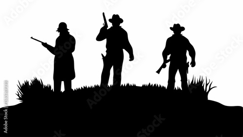 Silhouette of three hunters with rifles standing in tall grass against a white background image art | eps vectors