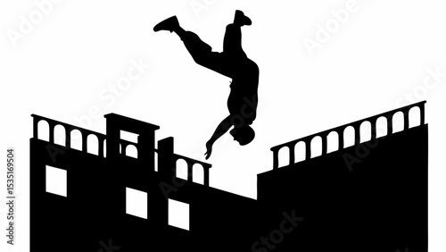 Silhouette of a person performing a parkour flip between two buildings with arches on top of them | eps vectors
