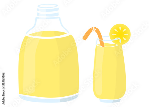 Refreshing juicy lemonade illustration. Glass with straw and bottle. Simple illustration for summer concept.