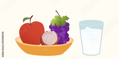 Still life with healthy food such as snacks, summer fruits, glass of milk. Composition with meals and healthy drinks isolated on white background.