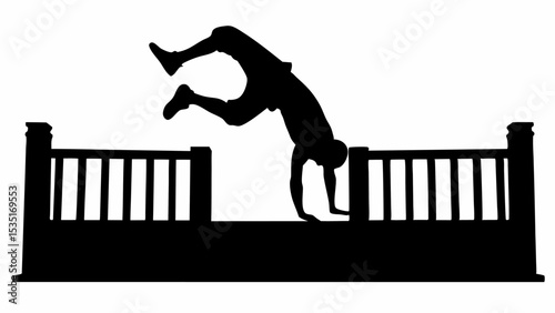 Silhouette of a person performing a handstand on a railing with legs in the air and head pointing down | eps vectors