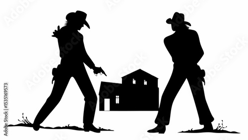 Silhouette of two cowboys facing off in a gunfight in front of a building in the wild west scene | eps vectors
