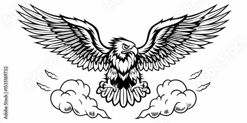 Illustration of an eagle with spread wings flying above clouds in black and white style drawing art | eps vectors silhouette