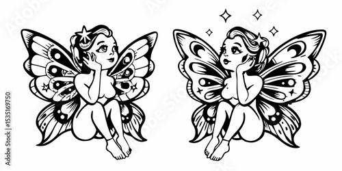 Two fairies with butterfly wings and stars sitting in a tattoo style black and white drawing design | eps vectors silhouette