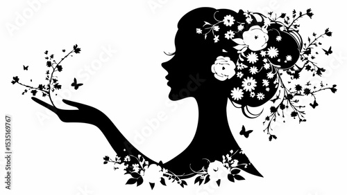 Silhouette of a woman with flowers in her hair and a branch in her hand with butterflies flying around it | eps vectors